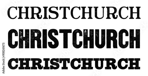 Christchurch city name written in distressed vintage serif, sans serif and slab serif styles isolated on transparent background