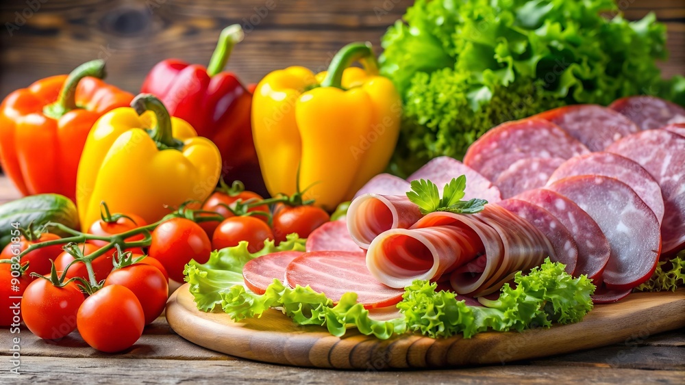 A Symphony of Salami and Sprouts: A Vibrant Still Life of Cold Cuts and Vegetables Generative AI A Symphony of Salami and Sprouts: A Vibrant Still Life of Cold Cuts and Vegetables Generative AI