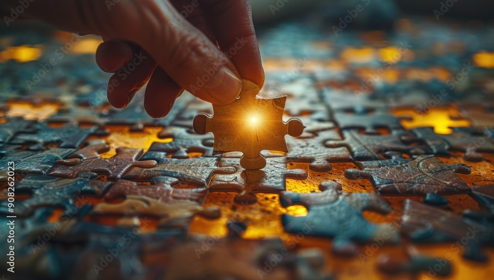 The hand of a businessman holding a wooden puzzle piece on a jigsaw puzzle. The hand of a businessman holding a wooden puzzle piece on a jigsaw puzzle.