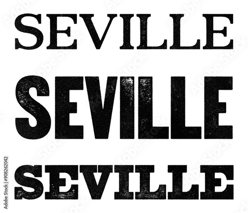 Seville city name written in distressed vintage serif, sans serif and slab serif styles isolated on transparent background