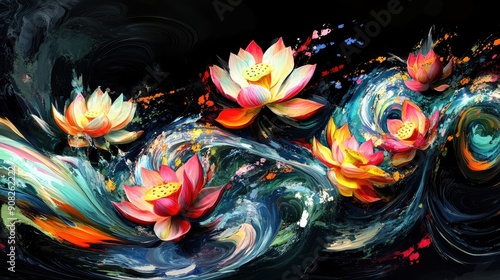 Vibrant lotus flowers amidst swirling splashes of colors on dramatic black backdrop, exuding energy