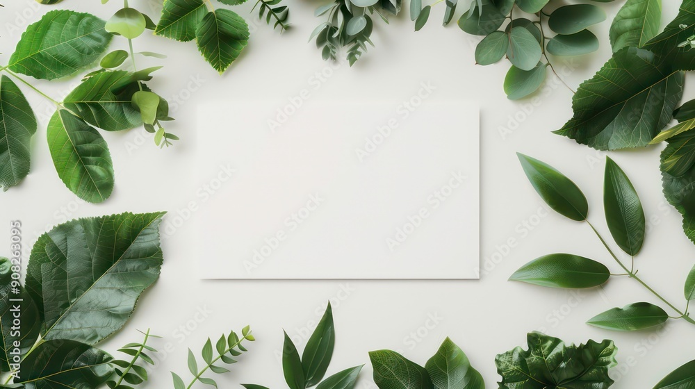White Background with Green Leaves Surrounding Blank Paper White Background with Green Leaves Surrounding Blank Paper