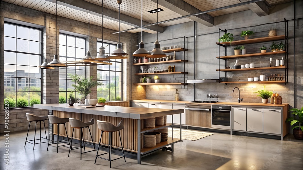 Industrial Chic: Concrete and Metal Kitchen with a Loft-Style Bar Counter Generative AI Industrial Chic: Concrete and Metal Kitchen with a Loft-Style Bar Counter Generative AI