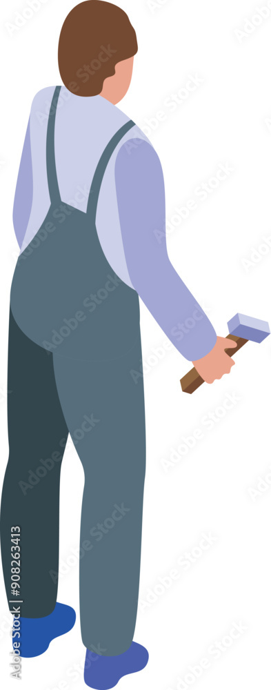 Construction worker is holding a hammer, standing with his back to us Construction worker is holding a hammer, standing with his back to us
