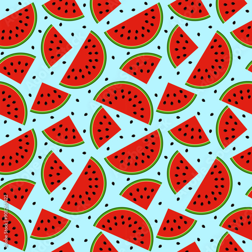 Nahtloses Muster mit Wassermelonen auf hellblauem Hintergrund.