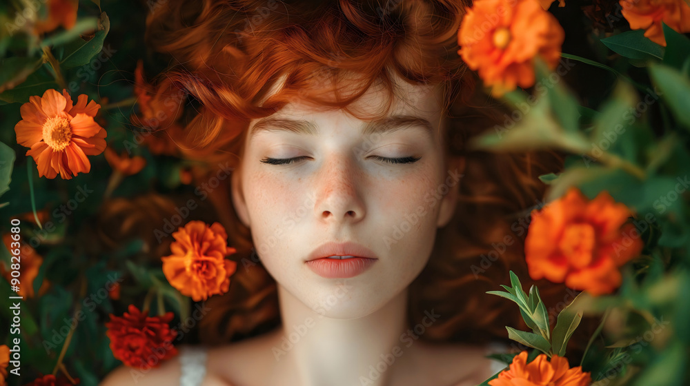 Top view of beautiful young woman with red hair lying in nature grass surrounded by flowers. Pretty girl outdoor spring or summer relaxation and harmony, carefree leisure on a meadow Top view of beautiful young woman with red hair lying in nature grass surrounded by flowers. Pretty girl outdoor spring or summer relaxation and harmony, carefree leisure on a meadow