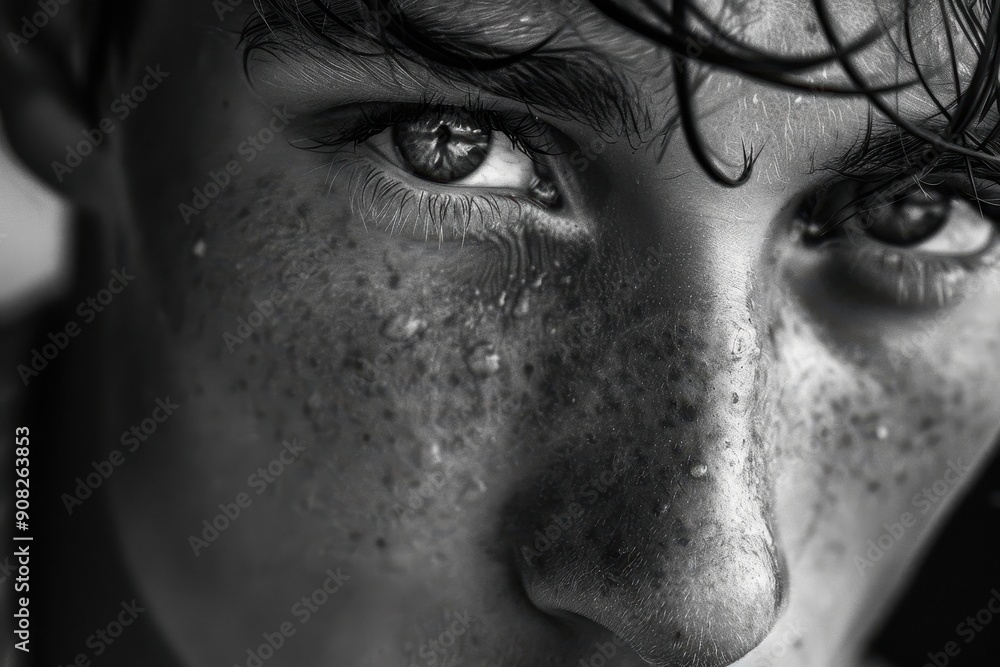 Close-up black and white portrait of a young man with piercing eyes and subtle emotions Close-up black and white portrait of a young man with piercing eyes and subtle emotions