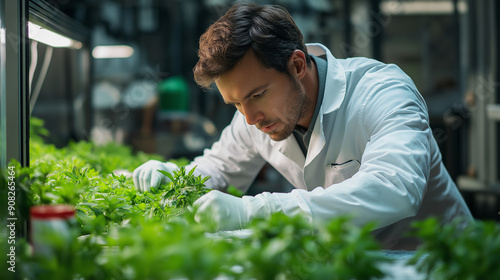 Botanist scientist man in lab coat works on experimental plant plots , geneticists wearing protective glasses, are researching vegetables