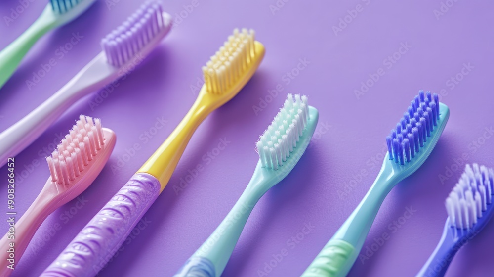 Colorful Toothbrushes on Purple Background Colorful Toothbrushes on Purple Background