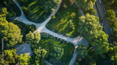 Fototapeta Naklejka Na Ścianę i Meble -  Aerial view of a lush green city park with winding pathways creating beautiful geometric shapes