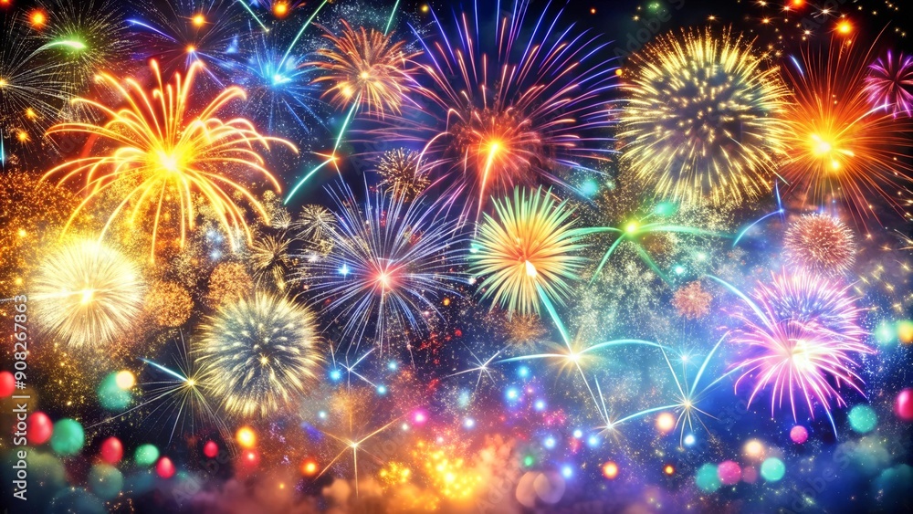 Naklejka premium 2025: A Tapestry of Color and Light with Fireworks and Confetti Generative AI