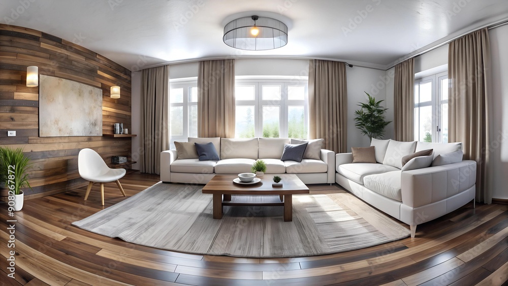 Modern Rustic: A 360? Panorama of a Living Room with Reclaimed Wood and a White Couch Generative AI Modern Rustic: A 360? Panorama of a Living Room with Reclaimed Wood and a White Couch Generative AI