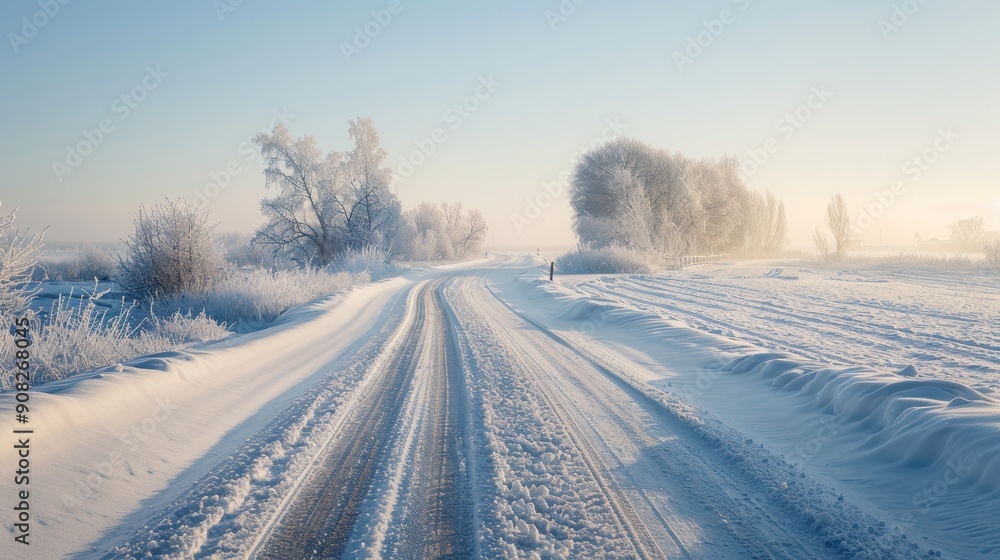 Winding snowy road in a wintry landscape with frosted trees under the morning sun Winding snowy road in a wintry landscape with frosted trees under the morning sun