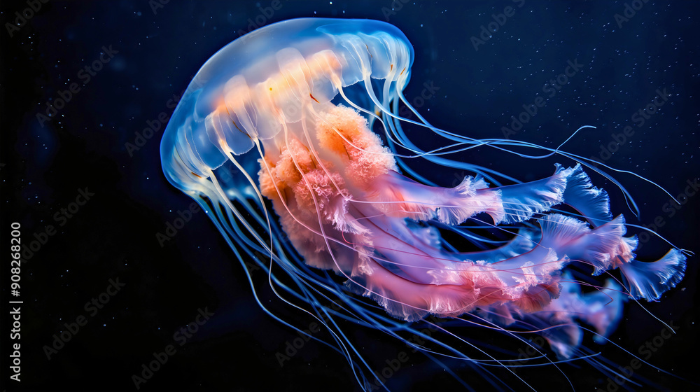 Blue pink and orange jellyfish swimming. Underwater ocean or sea wildlife animal, tropical aquarium exotic medusa creature, deep marine diving Blue pink and orange jellyfish swimming. Underwater ocean or sea wildlife animal, tropical aquarium exotic medusa creature, deep marine diving