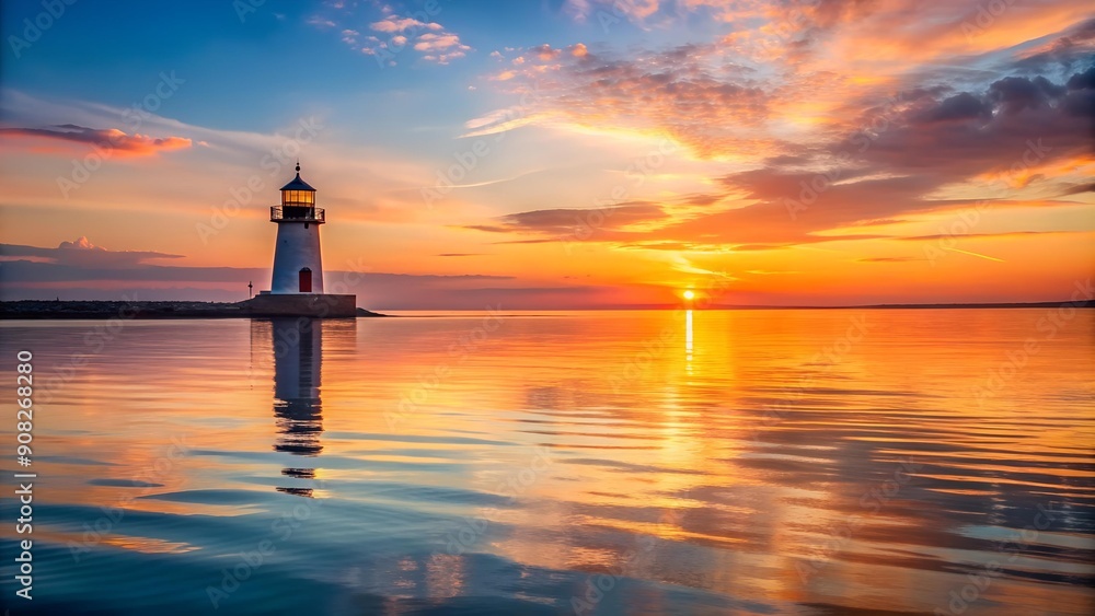 Fototapeta premium A tranquil scene of a calm sea with a distant lighthouse AI generated