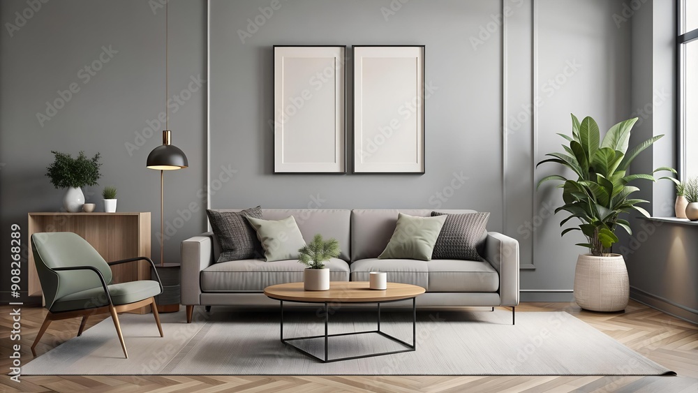 Modern Scandinavian Living Room with Geometric Abstract Poster Mockup AI generated Modern Scandinavian Living Room with Geometric Abstract Poster Mockup AI generated