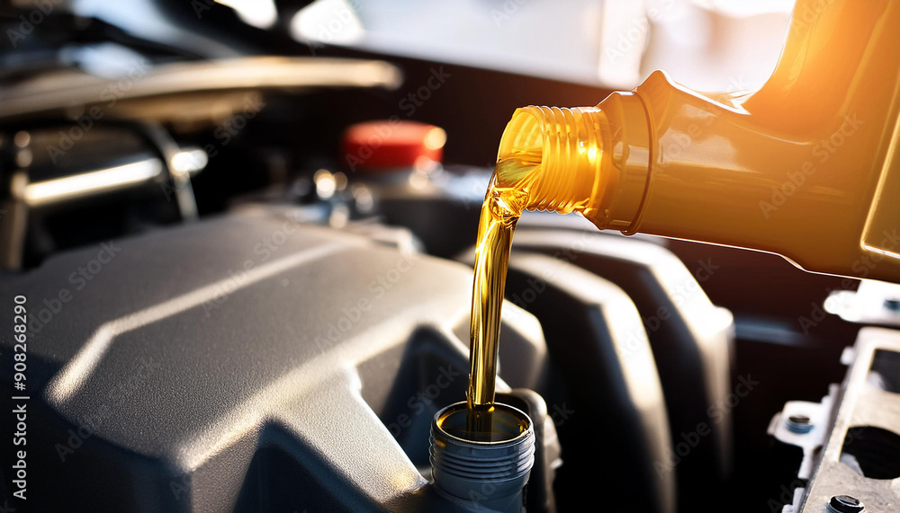 New motor oil, car engine close-up New motor oil, car engine close-up