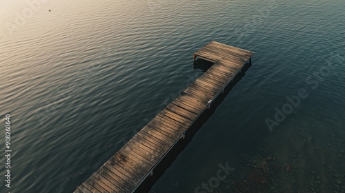 Fototapeta Naklejka Na Ścianę i Meble -  Serene lake dock at sunset, offering solitude and relaxation. Aerial view with copy space for your message