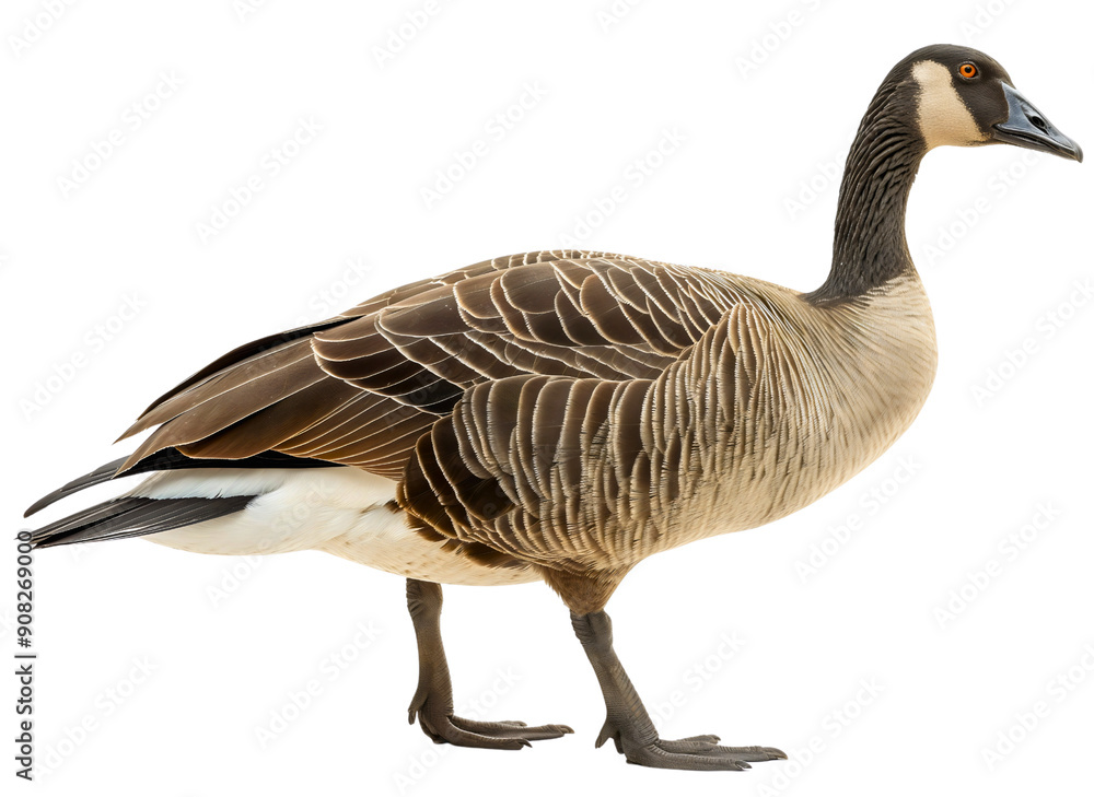 Side view full body length portrait of goose bird isolated on transparent background. Domestic grey and brown animal with beak and feathers Side view full body length portrait of goose bird isolated on transparent background. Domestic grey and brown animal with beak and feathers