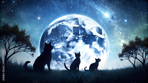 Moonlight Meadow: Silhouettes of Cats in the Night Generative AI