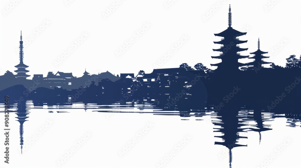 Fototapeta premium Silhouette of Kyoto skyline with reflections and traditional pagodas in a serene water scene
