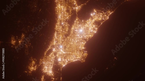 Los Angeles (California, USA) aerial view at night. Top view on modern city with street lights. Camera is zooming out, rotating clockwise. Vertical video. The north is on the left side