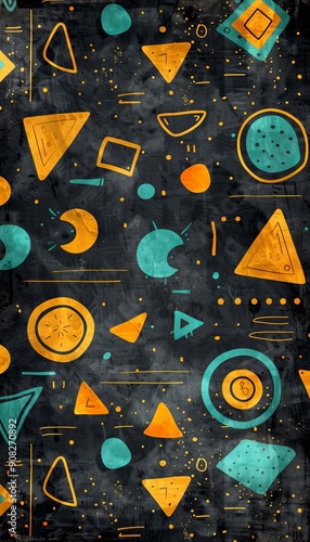 Retro vibes with primitive shapes and grungy texture for a unique seamless pattern. Ideal for backgrounds, wallpapers, and more. Perfect for adding a vintage touch to your designs. photo