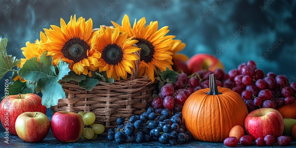 Rustic Autumn Harvest with Pumpkin and Sunflowers Rustic Autumn Harvest with Pumpkin and Sunflowers
