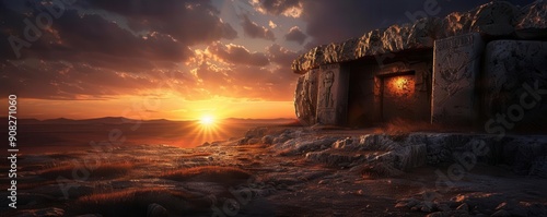 Stone shelters in a rocky landscape, depicting early human architecture, Historical, Earthy tones, Digital painting