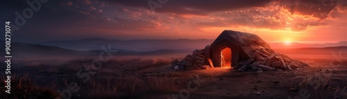 Stone shelters nestled in a rugged landscape, depicting early human settlements, Historical, Earthy tones, Digital painting