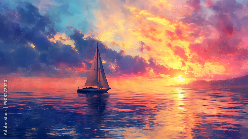 Fototapeta premium Sailboat - sailboat, ocean, sunset, clouds, water, sky, horizon, colorful, sailing, calm, reflection, scenic, sea, vessel, serene, tranquility, marine, pastel