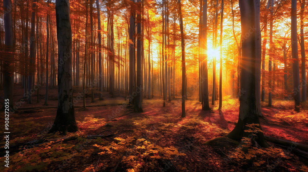 Obraz premium Sunrise in foggy, misty autumn or fall forest with orange and yellow leaves on tree branches. Morning sunlight in woodland nature environment, foliage scenery, dawn in woods atmosphere