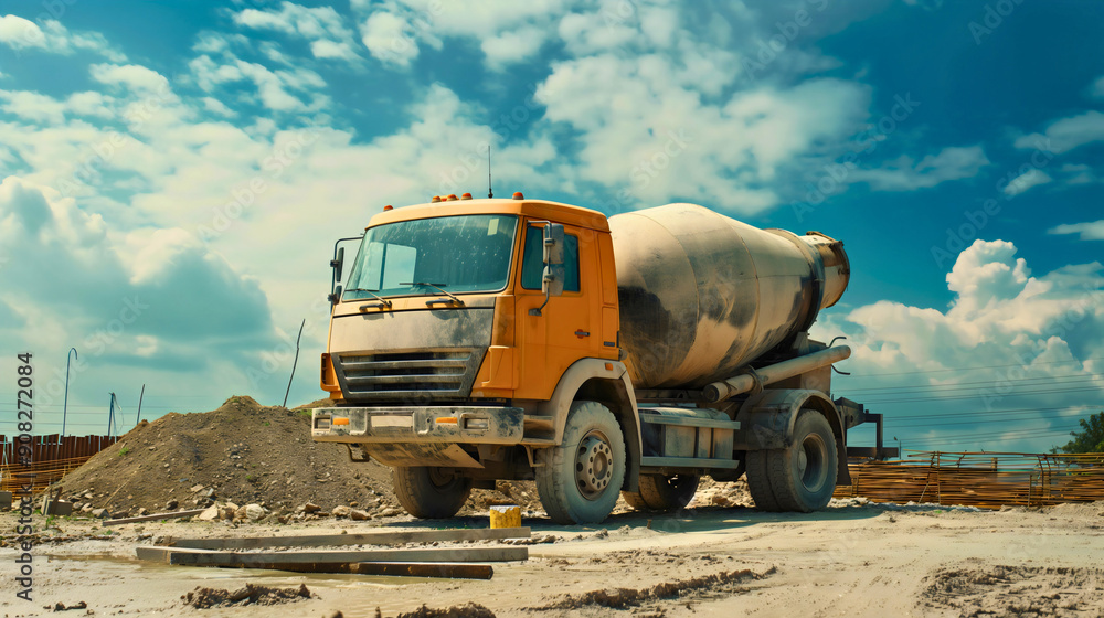 Cement mixer truck parked on construction site. Heavy machine, concrete material blender, road, mixing, pour, blend vehicle Cement mixer truck parked on construction site. Heavy machine, concrete material blender, road, mixing, pour, blend vehicle