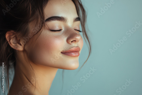 A close up of a girl's face with her eyes closed