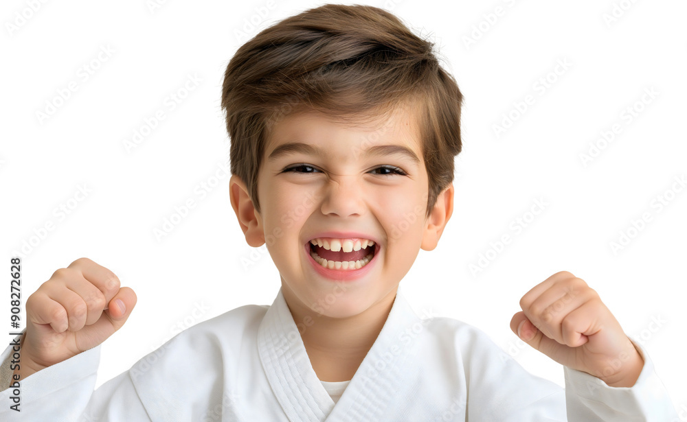 Happy smiling little boy in white kimono karate uniform isolated. Male child or kid martial arts sport exercise, practice or training, fighter school, children athletes Happy smiling little boy in white kimono karate uniform isolated. Male child or kid martial arts sport exercise, practice or training, fighter school, children athletes