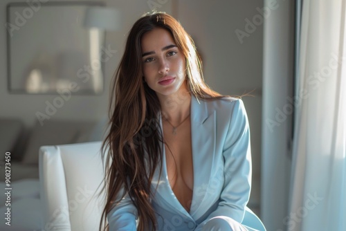 A woman in a blue suit sits on a white chair, ready for a meeting or presentation Free Download A woman in a blue suit sits on a white chair, ready for a meeting or presentation - GFXLoad