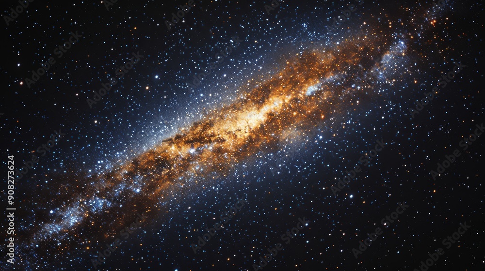 Obraz premium This captivating image reveals the beauty of a spiral galaxy seen edge-on, surrounded by a myriad of stars, creating a stunning cosmic view that mesmerizes the observer with its breathtaking allure.