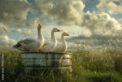 Geese sitting in a bucket in a rural landscape, ideal for country or farm-themed projects photo