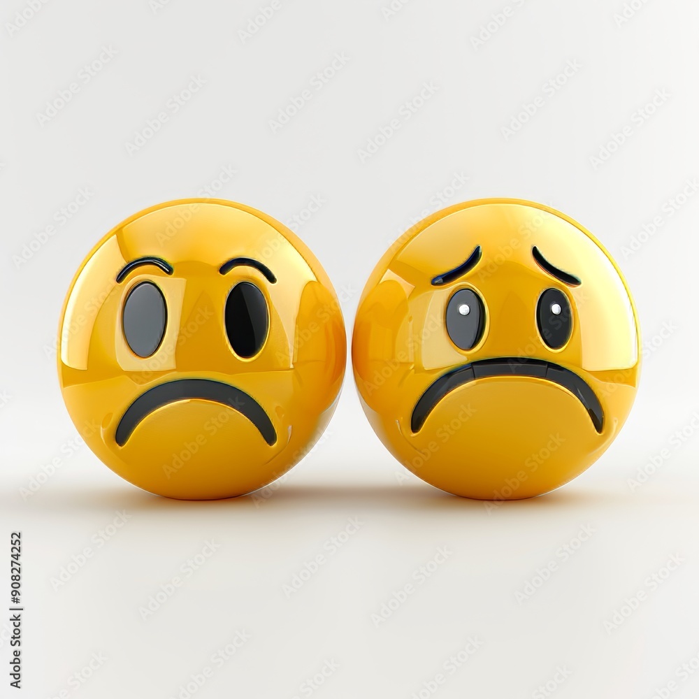 Two yellow sad face emoji with black eyes and mouths isolated on white background. The emoji are looking at each other in a minimalistic and modern 3D rendering style. Two yellow sad face emoji with black eyes and mouths isolated on white background. The emoji are looking at each other in a minimalistic and modern 3D rendering style.