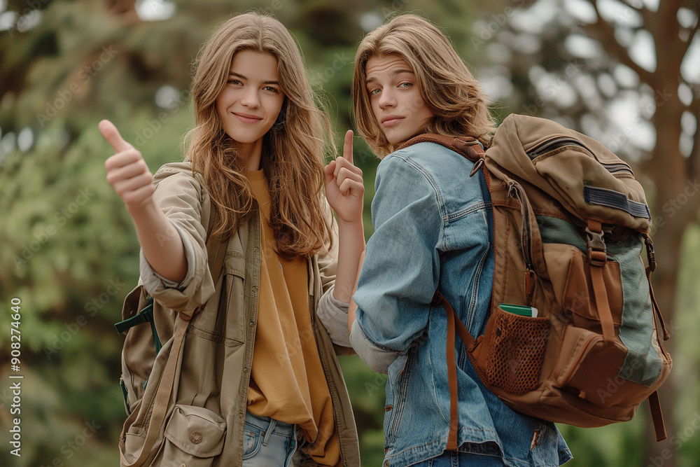 Two Teenage Girls Backpacking, Happy Mood, Outdoor Adventure Background Two Teenage Girls Backpacking, Happy Mood, Outdoor Adventure Background