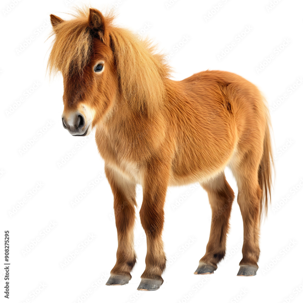 Cute brown Shetland pony horse, full body length portrait isolated on transparent background. Domestic mammal animal with mane standing, equestrian equine breed, young beautiful little farm stallion Cute brown Shetland pony horse, full body length portrait isolated on transparent background. Domestic mammal animal with mane standing, equestrian equine breed, young beautiful little farm stallion