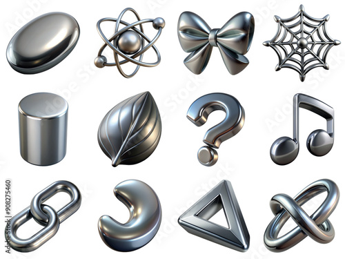 Collection of different chrome 3d geometry figures and shapes