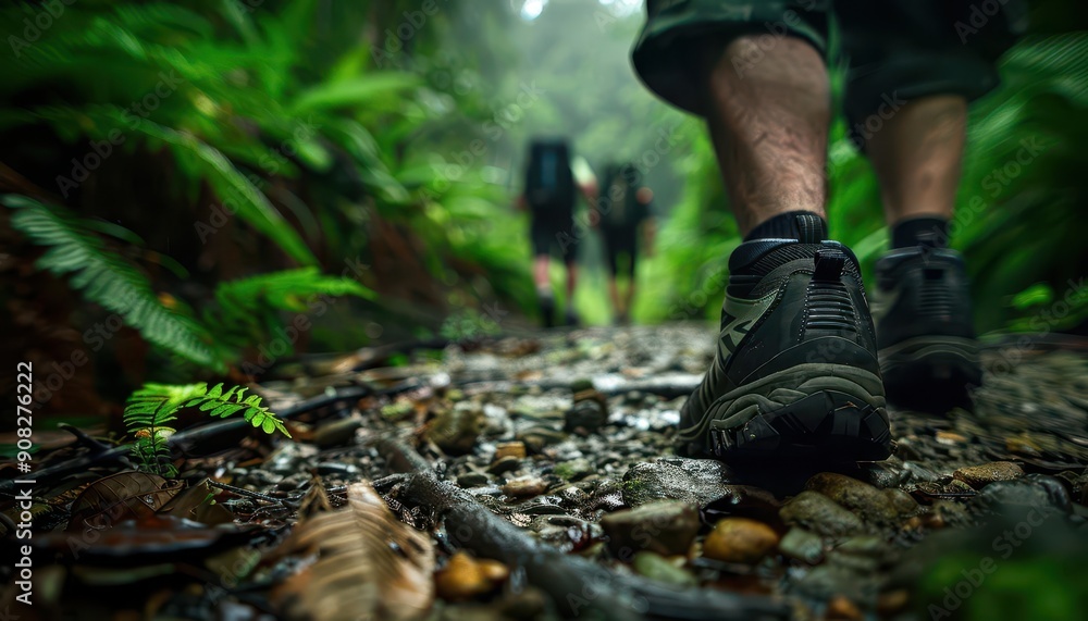 Exploration journey through a dense jungle, with adventurers navigating the wild terrain, Adventure, Bright greens, Photography