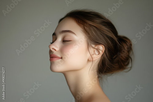 A close up of a girl's face with her eyes closed