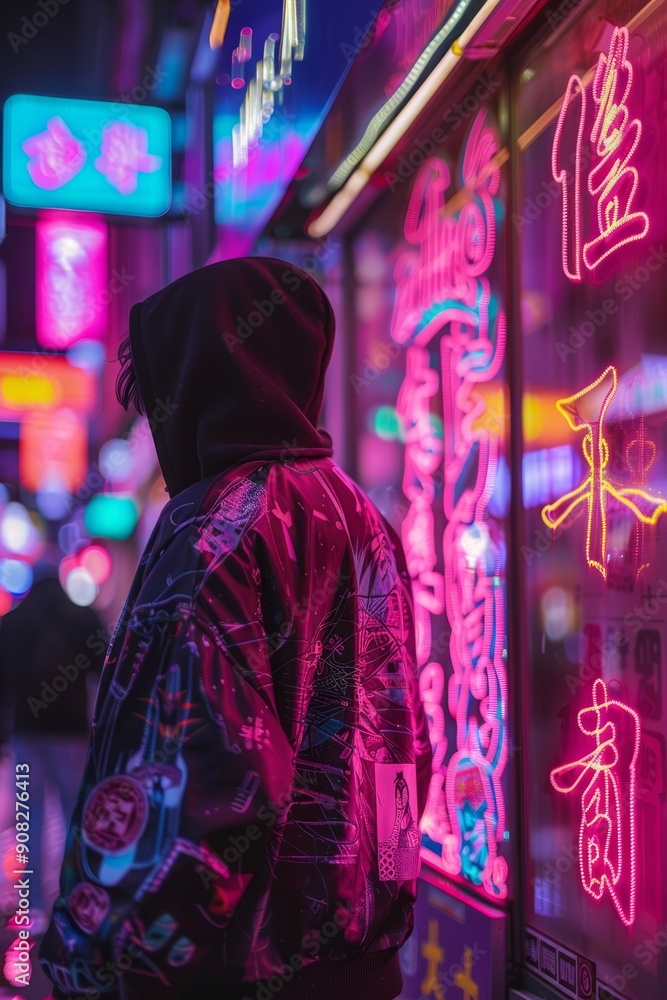 Obraz premium Mysterious Figure in Neon Alley