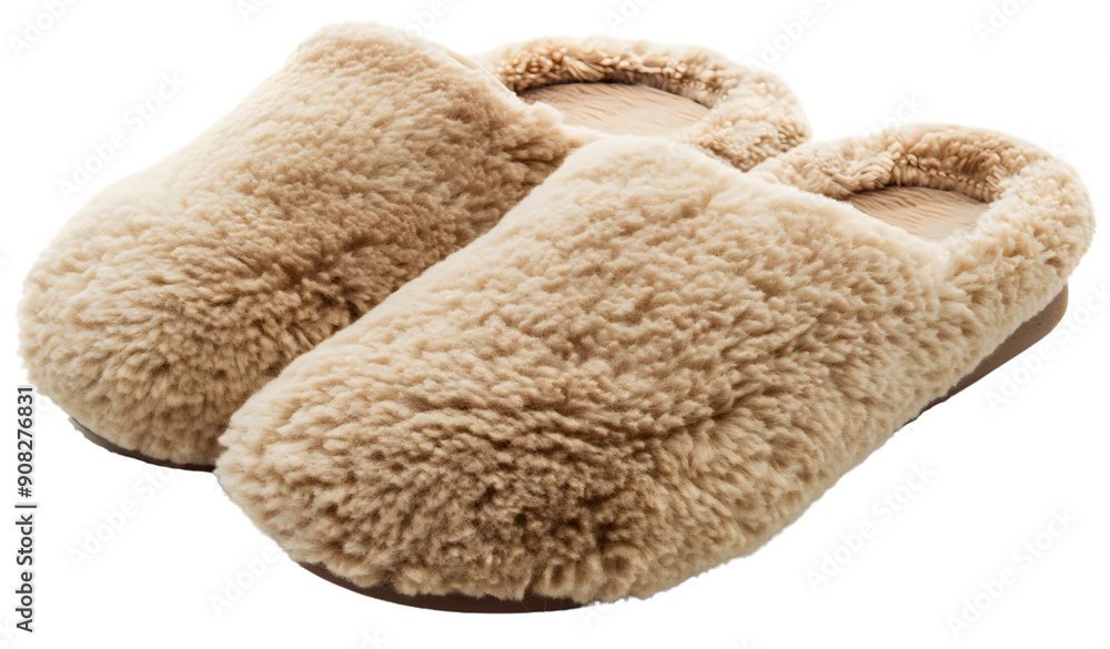 Closeup of beige slippers isolated on transparent background. Fluffy warm soft and cozy material home or house footwear, pair of comfortable female indoor shoes, casual wear Closeup of beige slippers isolated on transparent background. Fluffy warm soft and cozy material home or house footwear, pair of comfortable female indoor shoes, casual wear