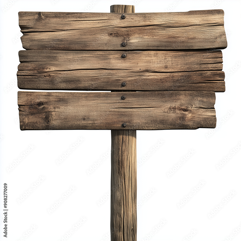 A wooden signboard made from several horizontal planks, mounted on a single vertical post with a transparent background A wooden signboard made from several horizontal planks, mounted on a single vertical post with a transparent background
