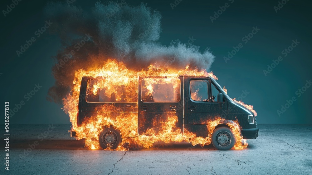 burning van with flames and smoke, isolated on a blue background, 3d rendering burning van with flames and smoke, isolated on a blue background, 3d rendering