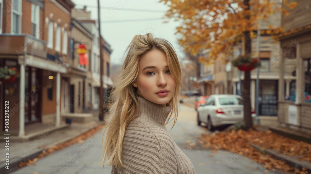 Portrait of beautiful young woman with blonde hair wearing brown turtleneck sweater, copy space. Autumn fall season fashion style clothes wear, brunette girl model, elegant trend style, winter outfit Portrait of beautiful young woman with blonde hair wearing brown turtleneck sweater, copy space. Autumn fall season fashion style clothes wear, brunette girl model, elegant trend style, winter outfit