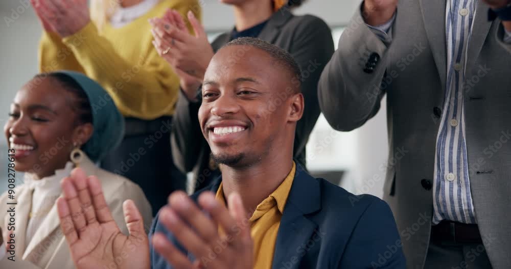 Staff, audience and clapping in office at seminar, congratulations and crowd for convention. Business people, motivation and applause for presentation in workplace, celebration and support for goals Staff, audience and clapping in office at seminar, congratulations and crowd for convention. Business people, motivation and applause for presentation in workplace, celebration and support for goals